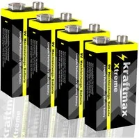 kraftmax 4er Pack Xtreme 9V Block Hochleistungs- Batterien für z.B. Rauchmelder Batterie, (1 St)