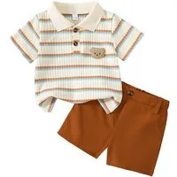 Gluckids Shirt & Shorts Baby Jungen Sommer Set, Waffel-Poloshirt mit Streifen & Bär + Shorts (Set, 2-tlg) Lässige Sommeroutfits für Geburtstagsfeiern, Fotoshootings und Urlaub