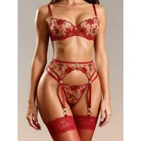 Elegant Love Set: Bügel-BH Sexy Spitzen-Damenunterwäsche mit Strapsen – romantisches Dessous-Set (Set, 3-tlg., BH + String + Strapsgürtel) Lingerie-Set – Reizwäsche für besondere Momente