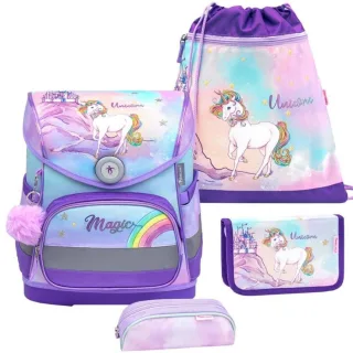 Belmil Schulranzen Set "Compact" (Rainbow Unicorn Magic - Einhorn) für Mädchen ab 1. Klasse Grundschule Einschulung