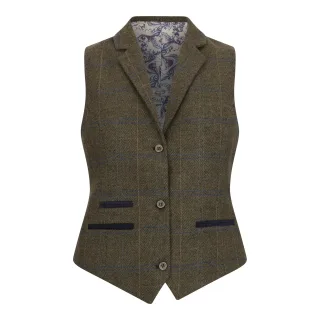 Olivgrüne Tailored Fit Tweedweste für Damen mit Fischgrätenmuster