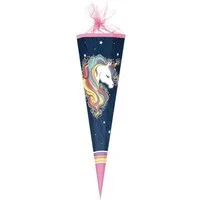 Nestler Schultüte Regenbogen Mähne, 85 cm, eckig, mit rosafarbigem Tüllverschluss, Einhorn-Motiv