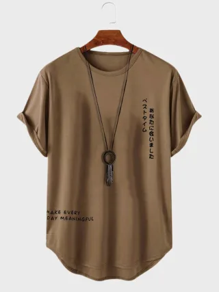 ChArmkpR Mens T-shirts Japanese Letter Print Curved Hem Casual Short Sleeve Tshirts