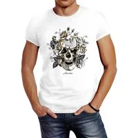 Neverless Print-Shirt Herren T-Shirt Totenkopf Rosen Skull Roses Schädel Slim Fit mit Print