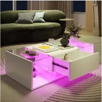 Furnishings Home Couchtisch Wohnzimmertisch Ablagetisch LED Beistelltisch (Hochglänzender quadratischer, mit LED Beleuchtung & Fernsteuerung), Mit Vier Fächer stauraum und 16-farbigen variablen LED-Beleuchtung