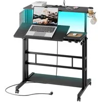Dripex Computertisch Höhenverstellbarer Stehpult mit Steckdosen und LED Licht, 80x60cm, Schwarz