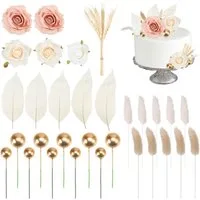 CLTYQ Lernspielzeug Tortenstecker 35 Stk BohoKuchendekorationsset DekoTorte fürGeburtstags, Künstliche Rosen, Magnolienblätter & Getrocknete Blumensträuße