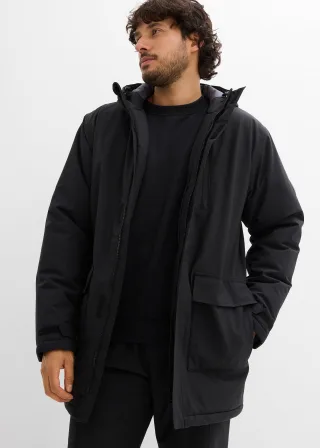 bonprix Wasserdichter Funktionsparka, schwarz, Gr.48, Modische Thermo Outdoorjacke, bestehend aus einer Hardshelljacke und innen einer Steppjacke. Die Outdoorjacke ist mit Steppfutter gefüttert. Zu dem besitzt die Outdoorjacke mehrere Funktionen.