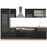 Vicco Küchenzeile R-Line, Schwarz Hochglanz/Goldkraft Eiche, 300 cm ohne Arbeitsplatte