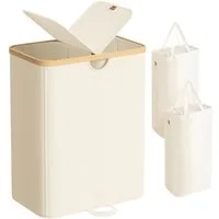 SONGMICS Wäschekorb, 2 Fächer,150 Liter,mit Deckel, herausnehmbarer Wäschesack,weiß-beige
