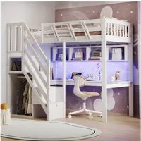 Merax Hochbett mit LED-Beleuchtung und USB-Anschluss (1-St., Massivholz Jugendbett Einzelbett) Kinderbett 90x200cm mit Stauraumtreppe, Schreibtisch & Ablageflächen