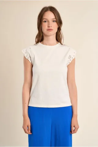 molly bracken - T-Shirt mit Lochstickerei an den Ärmeln beige - Gr. - M