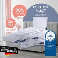 Excellent Daunenbettdecke + 3-Kammer-Kopfkissen Venedig, 2-tlg, hergestellt in Deutschland, verschiedene Größen, Füllung: Bettdecke: 90% Daunen, 10% Federn, Bezug: 100% Baumwolle, Decke mit Kissen,Set, Sommer, Winter, Bettdecke 135x200 cm, 155x220 cm