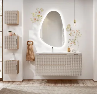 Badmöbel Set 6-tlg Badezimmerset LAXY Eiche Beige Regal rechts inkl. Waschtisch