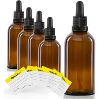 Oputec Pipettenflasche 5 x 100ml Pipettenflasche Braunglas mit Glaspipette + 5 Etiketten (Sparset, 5x 100ml)
