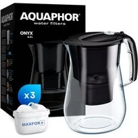 AQUAPHOR Wasserfilter Set Filterkanne ONYX schwarz- inkl. 3 Filter MAXFOR+, Zubehör für Filterkartuschen MAXFOR+, MAXFOR+H hartes Wasser & MAXFOR+ Mg. Magnesium, Reduziert Kalk, Chlor & weiteren Stoffen. BPA frei