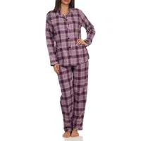 Normann Pyjama Damen Flanell Schlafanzug langarm mit Knopfleiste und Reverskragen