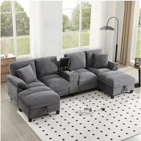 Merax 4-Sitzer U-förmiges-Sofa mit großem Stauraum & USB-Anschlüssen, 1 Teile, Sofa mit Edelstahl-Getränkehaltern, Kissen & extra breitem Cordstoff