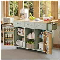 Flieks Küchenwagen mit erweiterbarer Arbeitsplatte, Rollen & Massivholzbeine austauschbar, (139x46(71)x91,5 cm, 1 St), Kücheninsel Buffetschrank Servierwagen mit verstellbare Ablagen