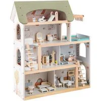 KOMFOTTEU Puppenhaus Puppen-Villa, mit 33 realistische Zubehör & Möbel, 6 Zimmer