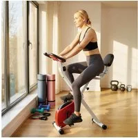 HOMCOM Heimtrainer mit 8 stufig, Magnetwiderstand, Stahl (Magnetwiderstand, 1-tlg., Fahrradtrainer), für Garten, Balkon, Rot