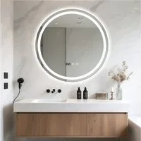 Rutaqian Wandspiegel Badspiegel mit LED Beleuchtung, 60cm Runder Badezimmerspiegel, LED-Spiegel mit Antibeschlag, Temperaturanzeige & Touch-Sensor