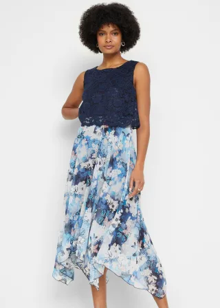 bonprix Chiffonkleid mit feiner Spitze, blau, Gr.44, Elegantes Zipfelkleid aus feinem Chiffon in Midi-Länge mit Spitze im Oberteil