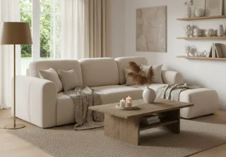 Ecksofa mit Schlaffunktion BRUSK Sofa in Stoff Paros Altweiß Ottomane Rechts
