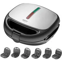 Camry 4-in-1-Sandwichmaker CR 3057 6 in 1, Multifunktionsgerät mit Wechselplatten, Waffeleisen, 1200 W, Kontaktgrill, Omelett, Nussgebäck Maker, schwarz/silber