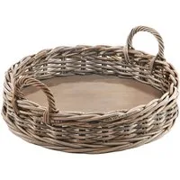Kobolo Tablett Dekotablett Serviertablett aus Rattan kubu grey rund, Holzbrett Bettt, Holz, (Stück, 1-tlg., Stück), mit Holzboden - 48 cm Dm.