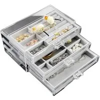 HURTNET Schmuckkassette Schmuck Organizer Acryl transparent 3 Schubladen mit Samteinlage (Einzel Organizer Schmuckaufbewahrung mit 3 Schubladen, Schmuck Organizer Acryl mit 3 Schubladen und Samteinlage), transparent, modern, platzsparend, leicht zu r
