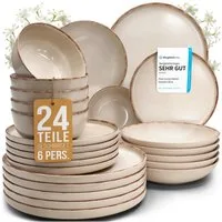 PURE LIVING INTERIOR DESIGN Geschirr-Set Pure Living »Rustic« (24-tlg), 6 Personen, Steingut, Beige, 6 Personen, Steingut, Authentischer Landhausstil, Reaktive Glasur – jedes Stück ein Unikat,…