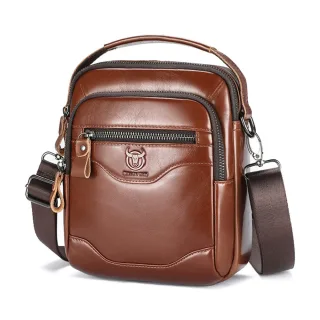 BULLCAPTAIN 8inch Cowhide Leather Men's Shoulder Bag Retro Fashion Cross Body Bag with Hand Band Multiple Zipper Pocket