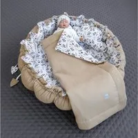 Loolay Baby-Reisebett Zweiseitig ENGELSNEST XXL Premium WAFFELPIQUE + Decke + Kissen, 3-tlg., Babynest TAUPE Beige/ BLUMEN BRAUN Baumwolle Krabbeldecke
