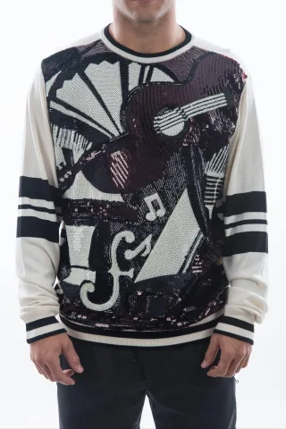 Dolce & Gabbana Men's White Jazz Sequined Guitar Pullover Top Sweater