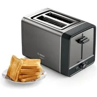 BOSCH Toaster DesignLine TAT4P425DE, integrierter Edelstahl-Brötchenaufsatz, 2 kurze Schlitze, 970 W, Abschaltautomatik, Auftaufunktion, Liftfunktion, Breit, grau
