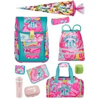 McNeill Schulranzen Disney Minnie Mouse Schultasche, Set zur Einschulung Schulanfang (Set, 10-tlg., inkl. Lunch-Set, Sporttasche & Schultüte / Zuckertüte Schmetterlinge), mit Brustgurt, 980 Gramm leicht, 18L Volumen