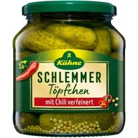Kühne Gemüsekonserve, Kühne Schlemmertöpfchen scharfe Gürkchen mit Chili verfeinert 580ml