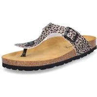 MIDS MIA Damen Pantolette leo Animalprint, Zehentrenner mit Lederfußbett, Schnalle und Korksohle