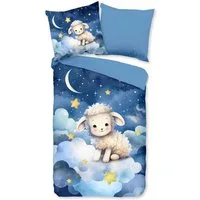 PURE luxury collection Kinderbettwäsche Sheepy, Microfaser, 2 teilig, Mikrofaser, 135x200, 2 Teilig, Wendeoptik, Kind, Schaf, Weltall