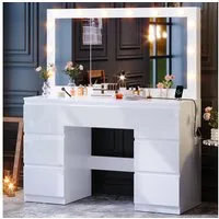 Furnicopia Schminktisch Großer verspiegelter Schminktisch mit sieben Schubladen (Abmessungen: 120 × 40 × 140 cm, 2 Steckdosen, 1 USB-Anschluss, 1 Typ-C-Anschluss. Spiegeldurchmesser: 106 cm. Inklusive Schmuckschrank mit speziellen Fächern für Halsket