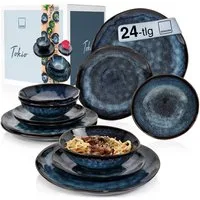 SÄNGER Tafelservice Tokio Geschirrset (24-tlg), 8 Personen, Steingut, Blau Schwarz, Handmade, Premium Collection