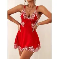 Elegant Love Schlafanzug Rückenfreies Negligé mit Blumenstickerei – Dessous-Set mit G-String (Set, 2 tlg., mit String) Sexy Babydoll mit V-Ausschnitt – Nachtwäsche mit Spitze und Tanga
