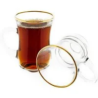 Pasabahce Teeglas 6-teiliges Teegläser-Set mit Henkel, Goldumrandung, 145 ml, 6-tlg.