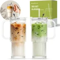 Lemontree Gläser-Set Glasbecher mit Deckel und Strohhalm 2er Set – 760ml Trinkgläser, 2-tlg., Borosilikatglas, Geriffelte Trinkgläser mit Deckel – auslaufsicherer Smoothie Becher