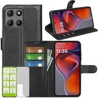 Wigento Handyhülle Klapphülle + Schutzglas für Motorola Moto G17 / G15 / Power Wallet 6,72 Zoll, Produktset Kunstleder Tasche + H9 Hart Glas