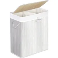 SONGMICS Wäschekorb 2 Fächer, 100 L Wäschesammler, faltbar, Waschküche, 52 x 32 x 61 cm, mit Deckel, Wäschebox Bambus, Wäschesack herausnehmbar, weiß