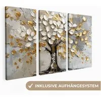 MuchoWow Leinwandbild Baum - Weiß - Gold - Lackoptik, Fotodruck (3 St), Wand Bilder 3 Set, Deko Schlafzimmer Wohnzimmer Flur 60x40 cm