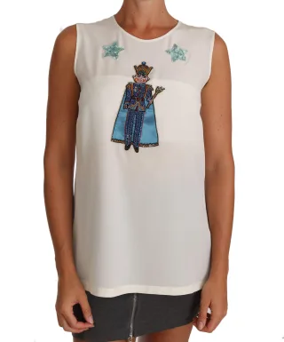 Dolce & Gabbana Weißes Seiden-Crystal Pailletten-Fairy T-Shirt