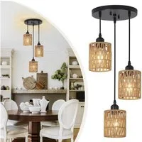 POPOLIC Pendelleuchte Boho Rattan Hängeleuchte 1/3-flammige, Deckenleuchten Wohnzimmer, mit 3 Glühbirne-Warmes Weiß, LED fest integriert, Boho Natur Wohnzimmer Esszimmerlampe
